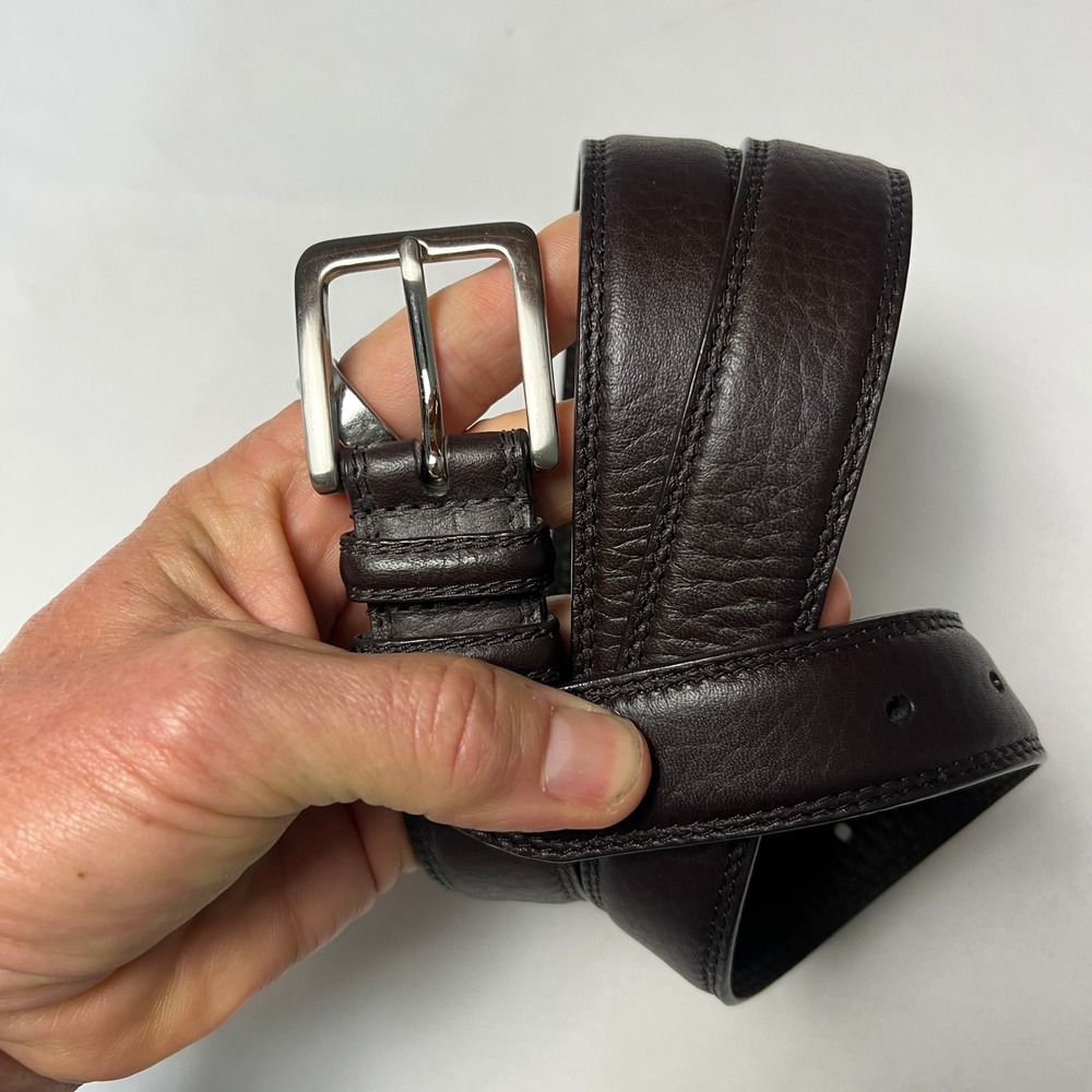 Leather Belt Dark Brown Genuine Leather Strap Silver Buckle Size 42